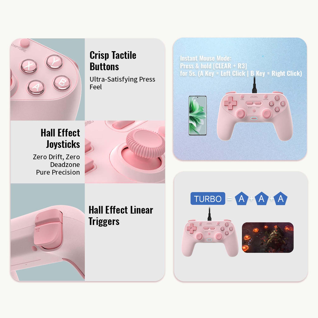 Wired Gamepad, Hall Effect Joysticks & Triggers, 1000Hz, Light Pink