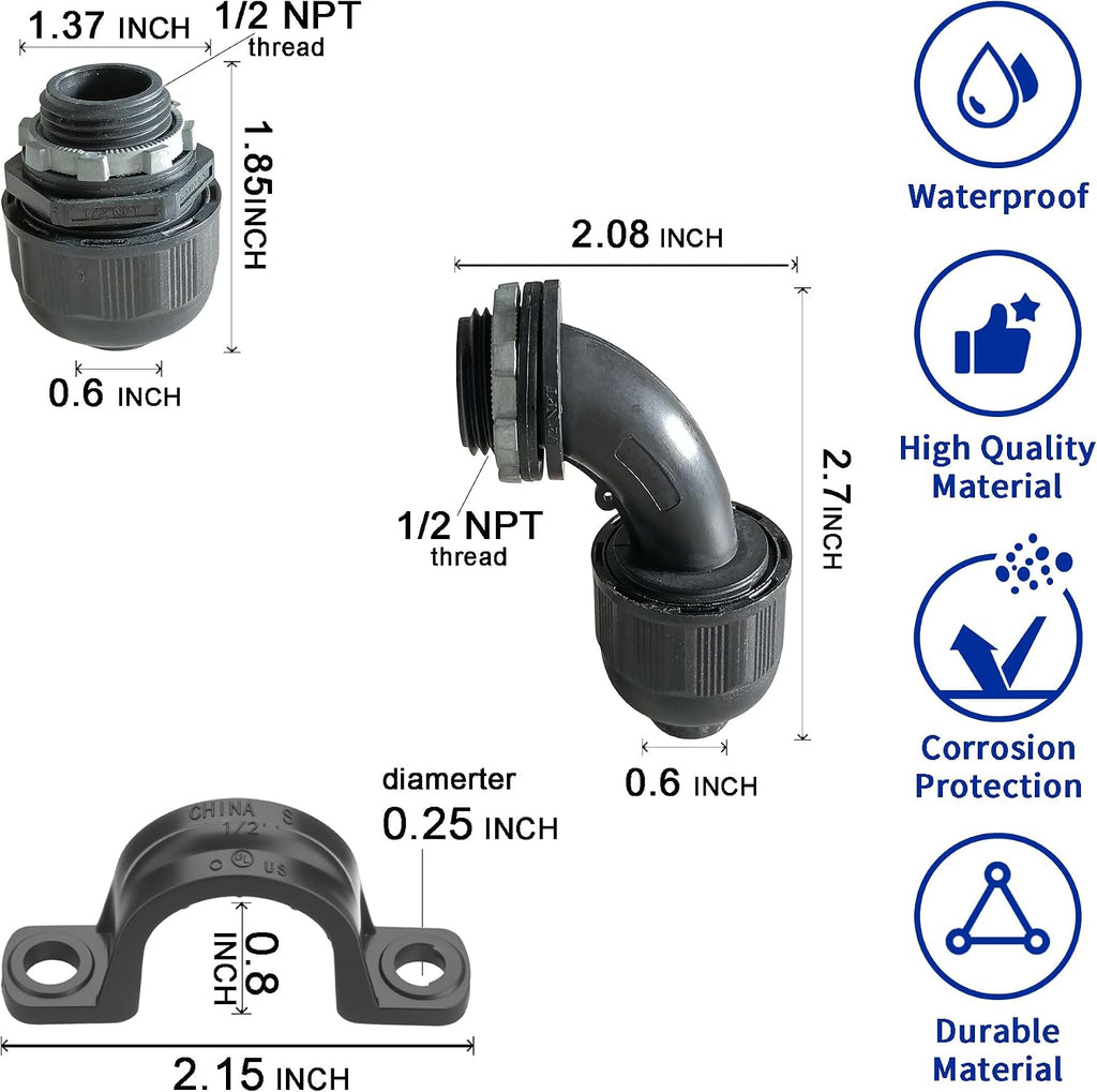 (1/2" Conduit Parts 30 Pack) Yariwiz 1/2 Black Special Extra Flexible Plastic Liquid Tight Conduit Connector Kit