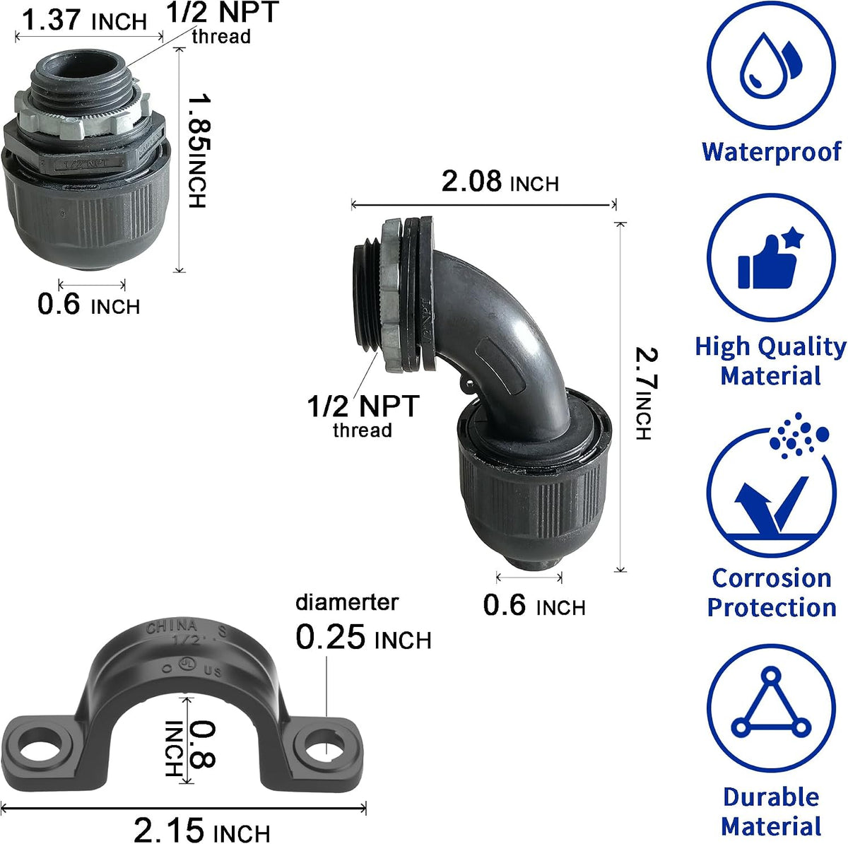 (1/2" Conduit Parts 30 Pack) Yariwiz 1/2 Black Special Extra Flexible Plastic Liquid Tight Conduit Connector Kit