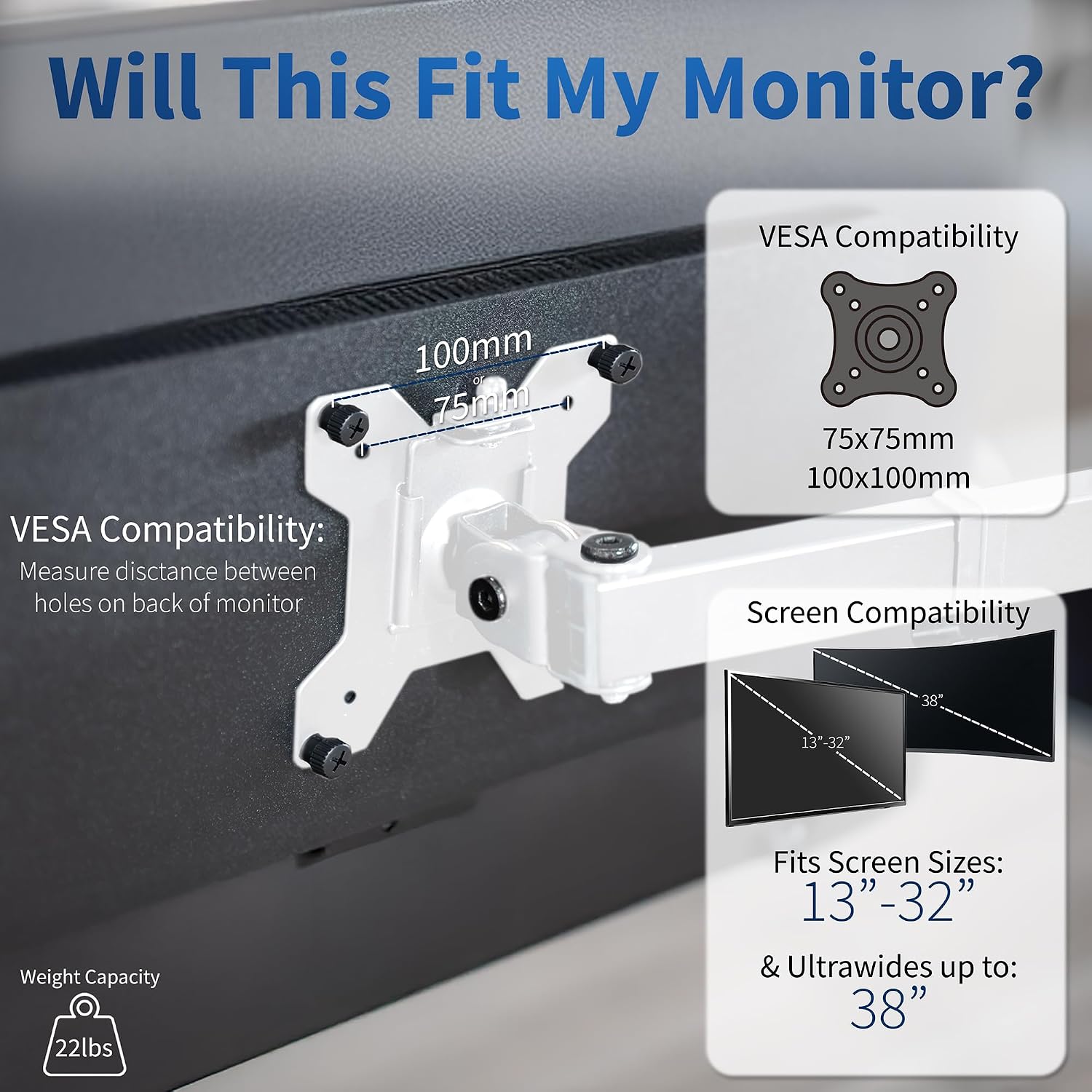Single Monitor Arm Desk Mount, Holds Screens up to 32 inch Regular and 38 inch Ultrawide, Fully Adjustable Stand with