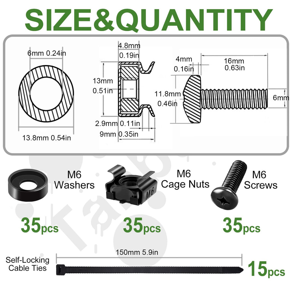 120Pcs M6 x 16mm Rack Mount Cage Nuts, Screws, Washers and Self-Locking Cable Ties, Server Rack Screws and Square Nuts for Rack Mount Server Cabinet, Shelves, Enclosures, Routers