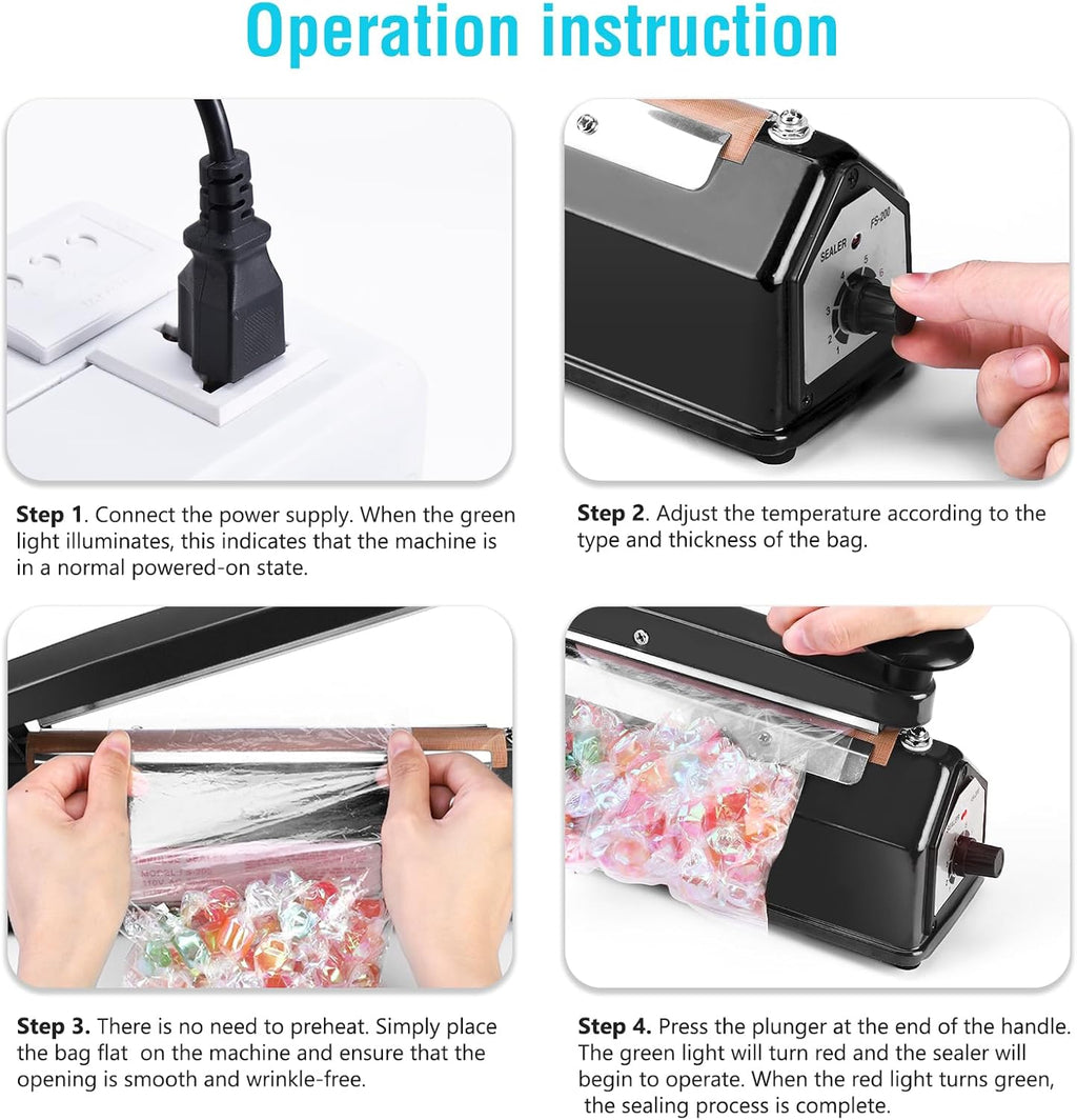 8 inch Bag Sealer, Black Impulse Heat Sealer for Plastic Bags