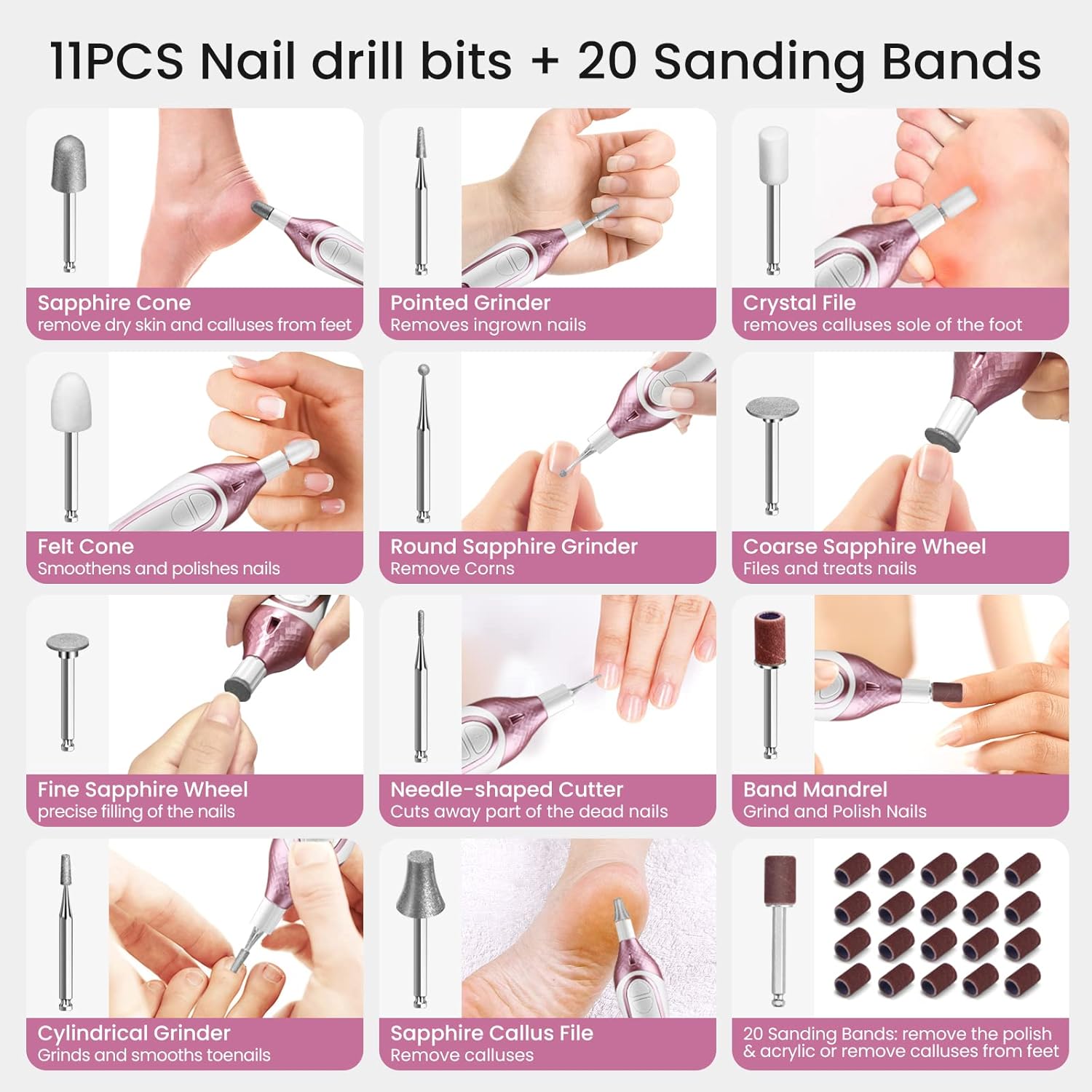 36-Piece Professional Manicure Pedicure Kit-Cordless Electric Nail File Kit,20000RPM, 11Pcs Bits,4 Speed,Rechargeable
