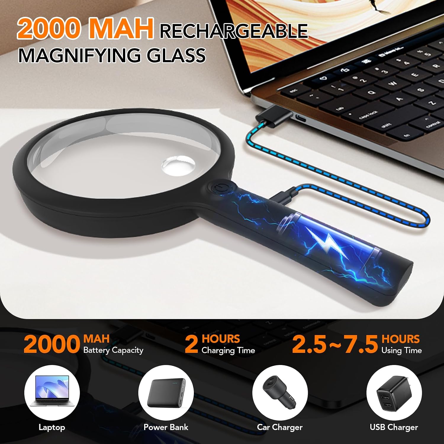 Handheld Magnifying Glass with LED Light, Rechargeable Reading Magnifier | Large 5x Lens with 10x Spot Lens, 24 LEDs