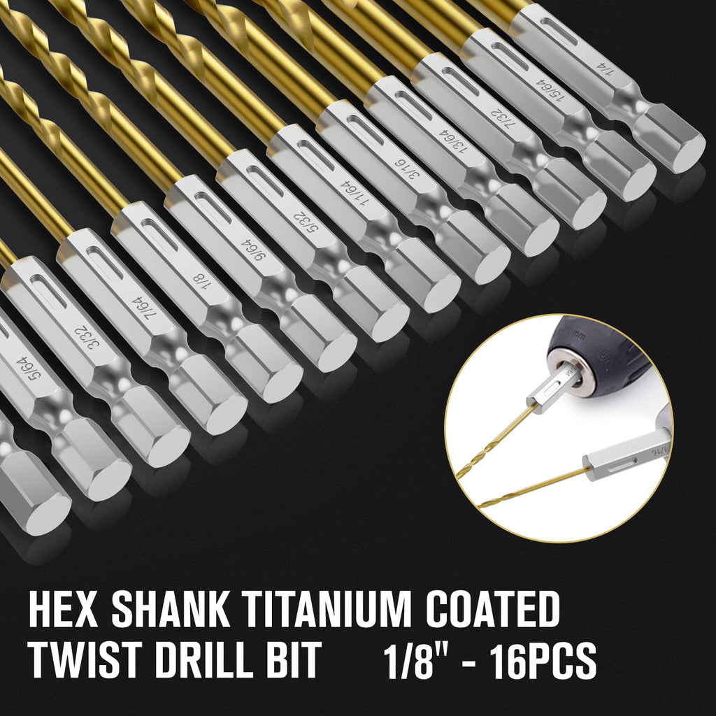 MACXCOIP 16Pcs 1/8" Hex Shank Titanium Twist Drill Bit Set