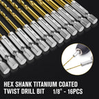 MACXCOIP 16Pcs 1/8" Hex Shank Titanium Twist Drill Bit Set