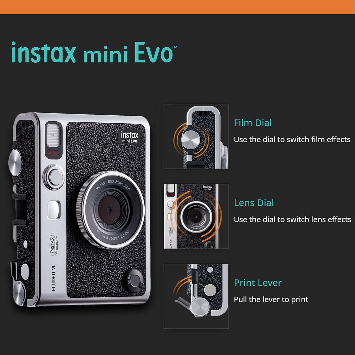 Instax Mini EVO Hybrid Black Instant Camera | Instax Mini Twin Pack Instant Film | 32GB microSD Card with Adapter |