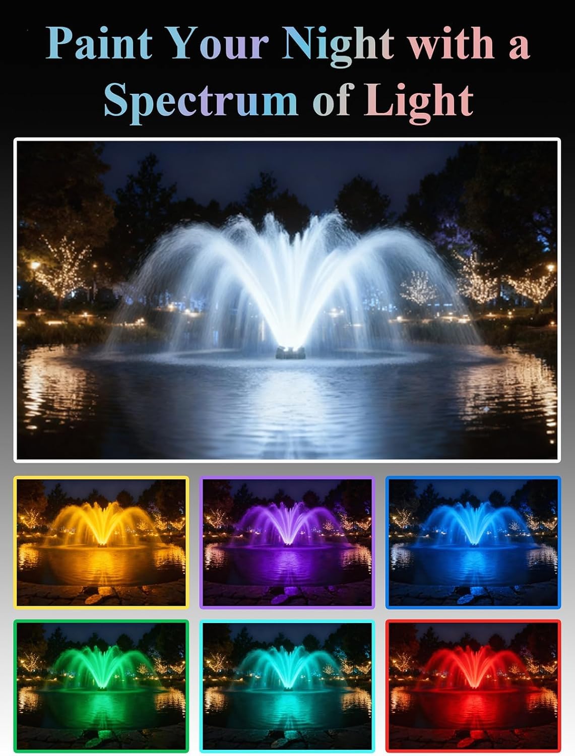 Pond Fountain Aerator with Lights, 1 HP with Dynamic RGB Lighting, Adjustable Modes, Digital Timer