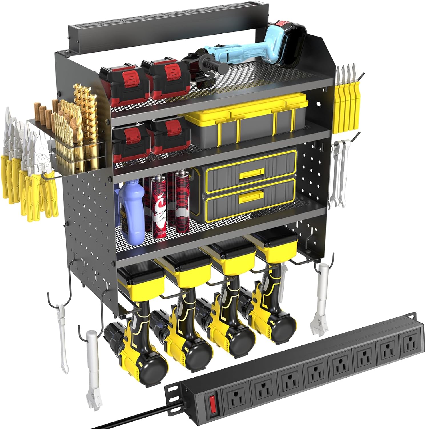 Drill Holder Wall Mount with 8-Outlet Charging Station, 190lbs Load 4 Layers Carbon Steel Heavy Duty Power Tool