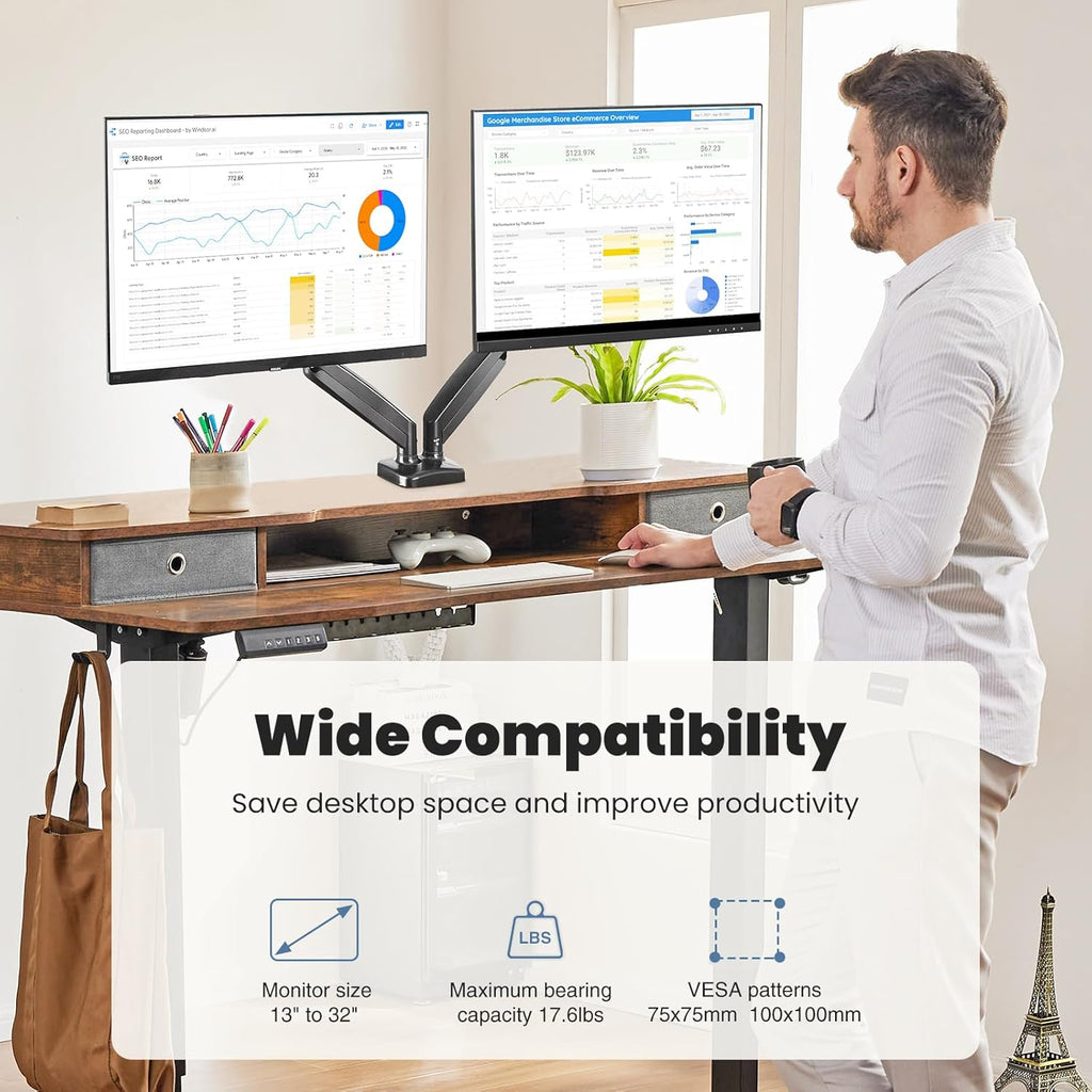 Dual Monitor Stand for Desk, Gas Spring Monitor Arm for 2 Monitors Max 32 Inches, Fully Adjustable Double Mount, VESA