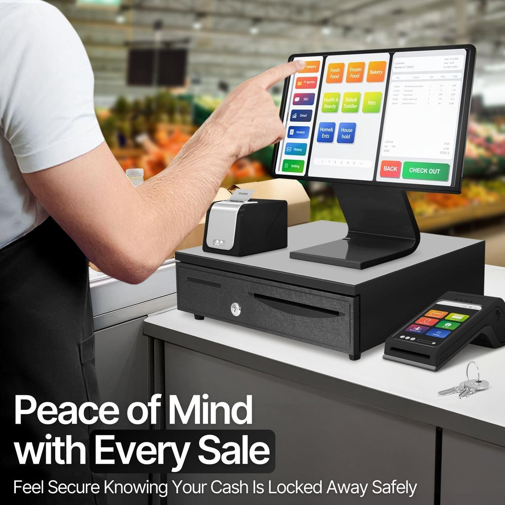 16-Inch Cash Drawer for Small Businesses, 5 Bill/5 Coin, Black | Pos Cash Register Drawer with Rj11/Rj12 Cable