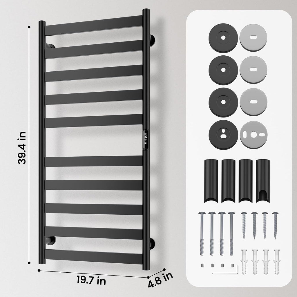 Electric Towel Warmer Rack, 10-Bar Stainless Steel Towel Rack, Black | 9H Countdown Timer, Carbon Fiber Heating, Wall