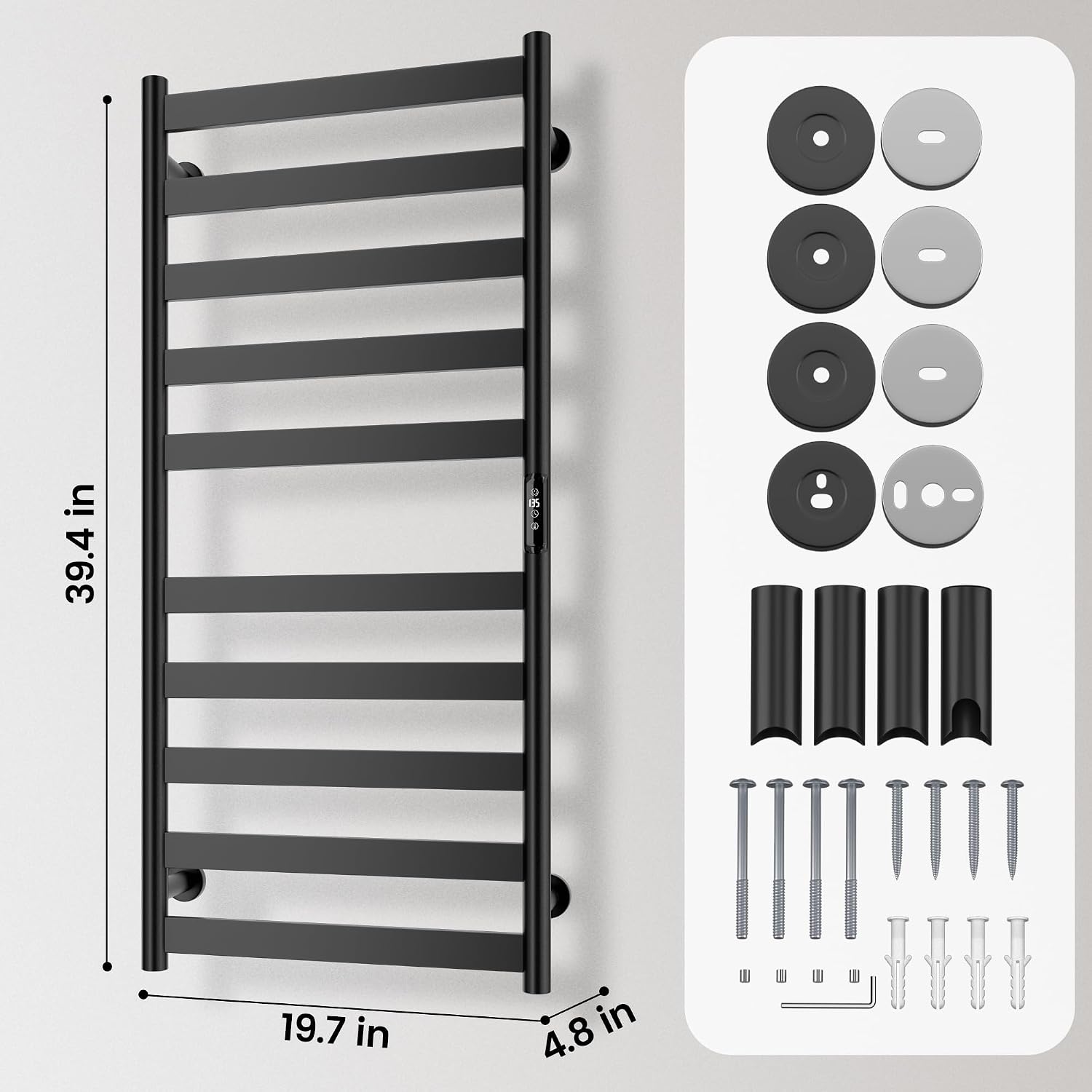 Electric Towel Warmer Rack, 10-Bar Stainless Steel Towel Rack, Black | 9H Countdown Timer, Carbon Fiber Heating, Wall