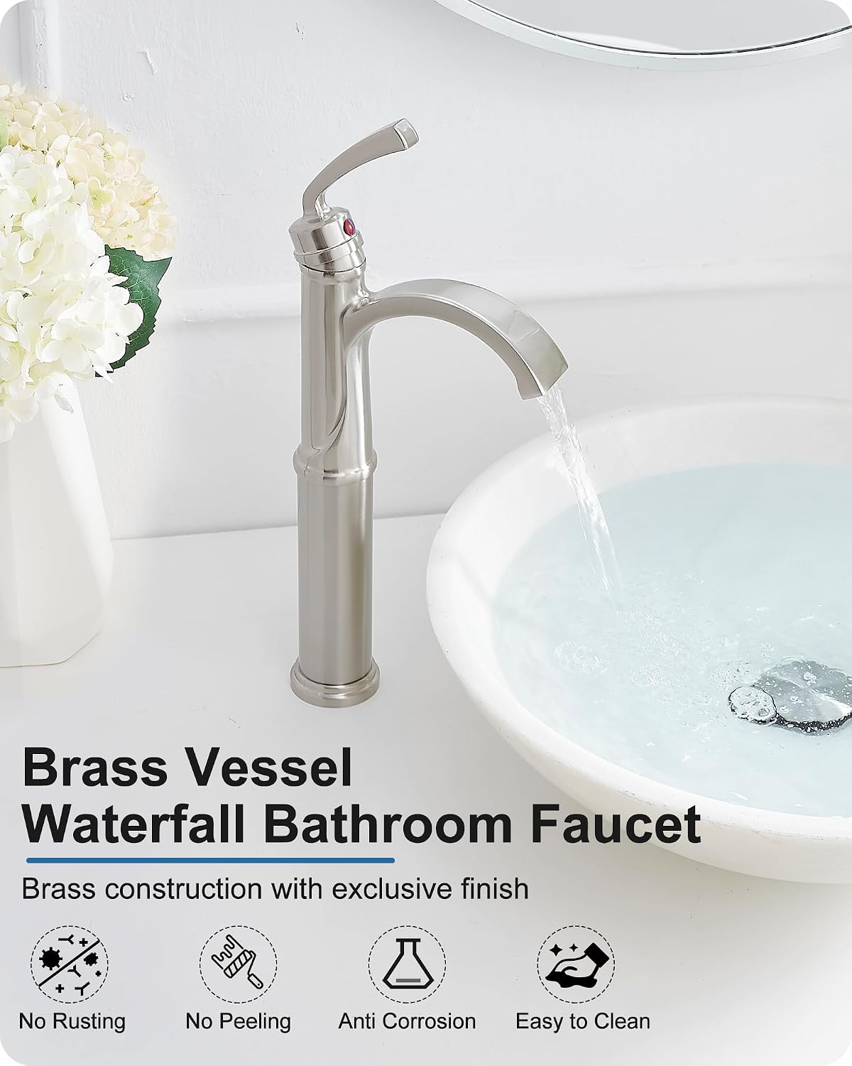 Bathroom Vessel Sink Faucet Brushed Nickel, Brass Tall Waterfall Bathroom Faucet 1 Hole Bathroom Sink Faucet Single