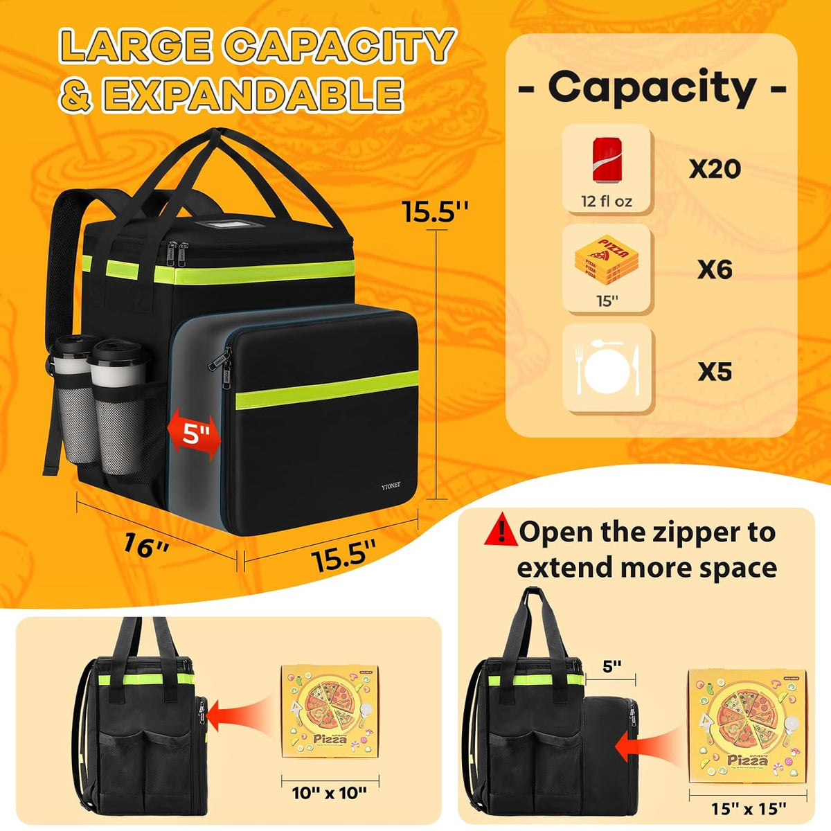 XX-Large Food Delivery Backpack, Delivery Bag with Reflective Strip