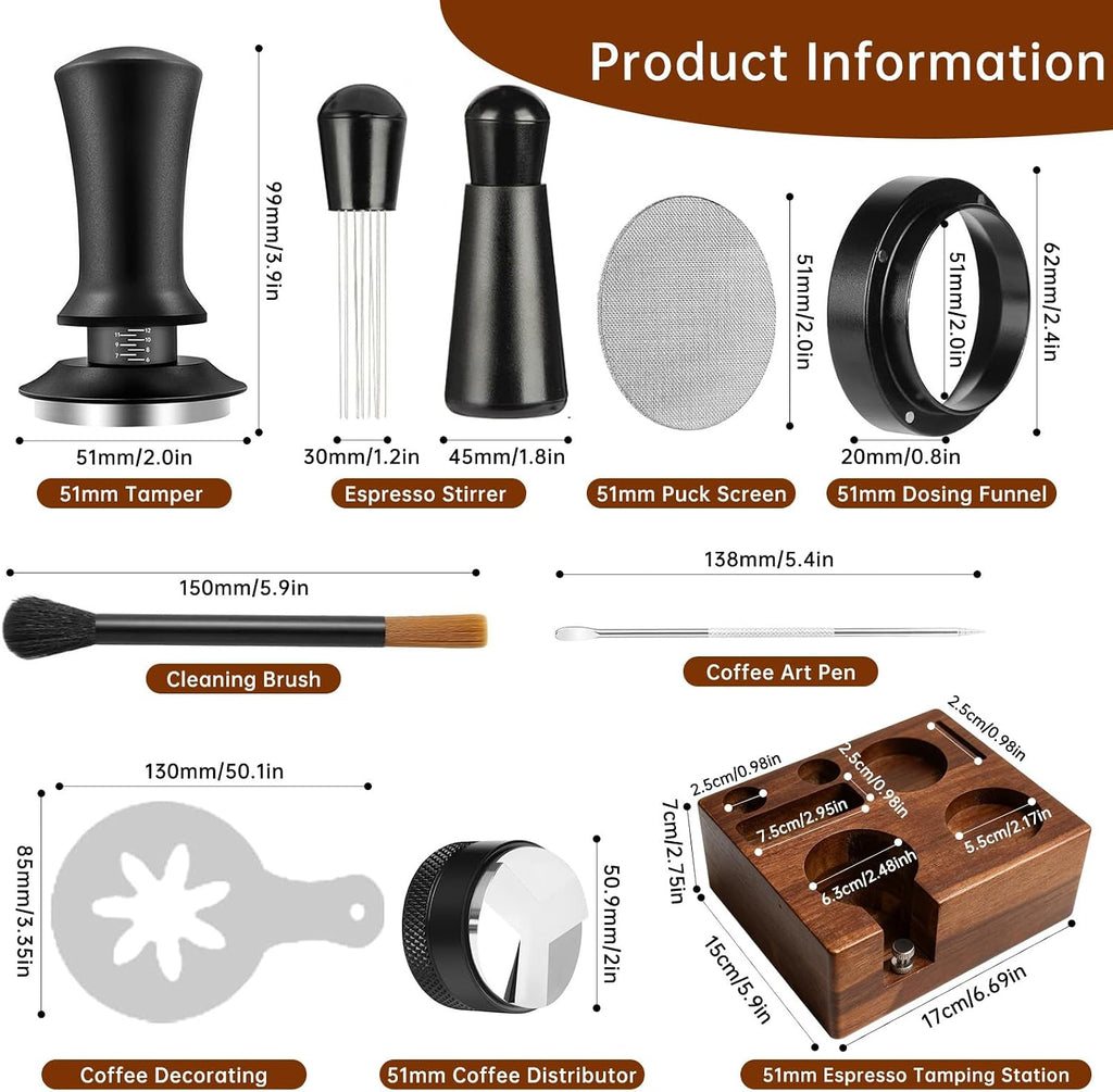 51mm Espresso Accessories Kit, 9 Pcs Espresso Tamper Tools Set | Calibrated Tamper, Acacia Wood Station, Distributor
