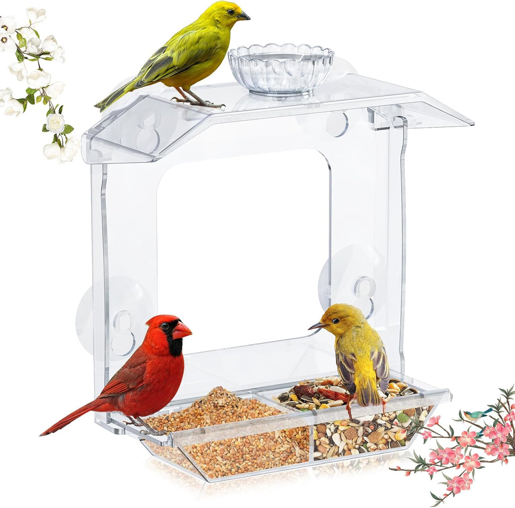 Clear Window Bird Feeder with Strong Suction Cups – Clear Bird Feeding Station with Dual Seed Tray & Water Bowl –