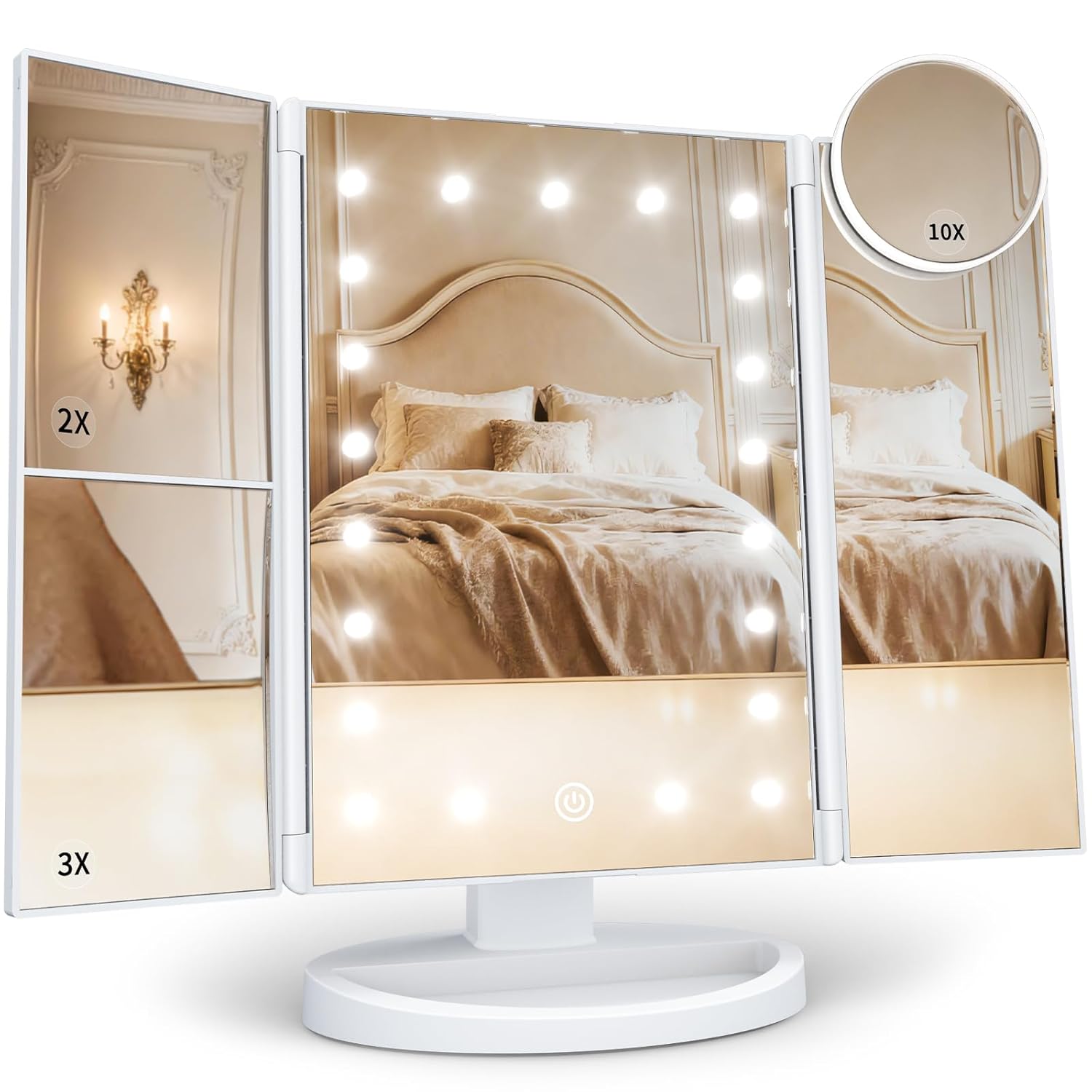 Makeup Mirror, Vanity Mirror with Lights, 2X/3X/10X Magnification, Touch Control, Trifold, Dual Power Supply