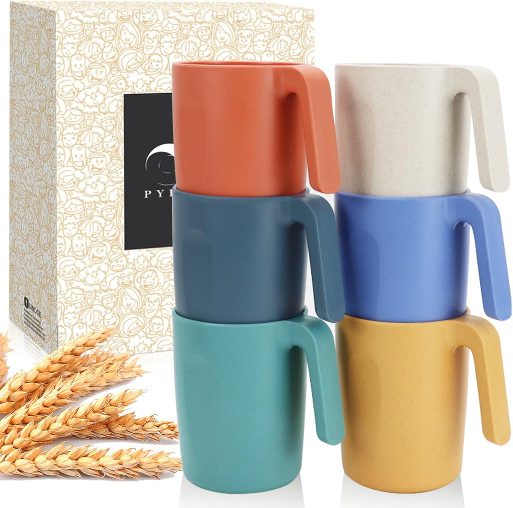 Wheat Straw Cups 16 Oz Alternative Plastic Cups With Handle Dishwasher & Microwave Safe Mug Set of 6 Unbreakable Cups