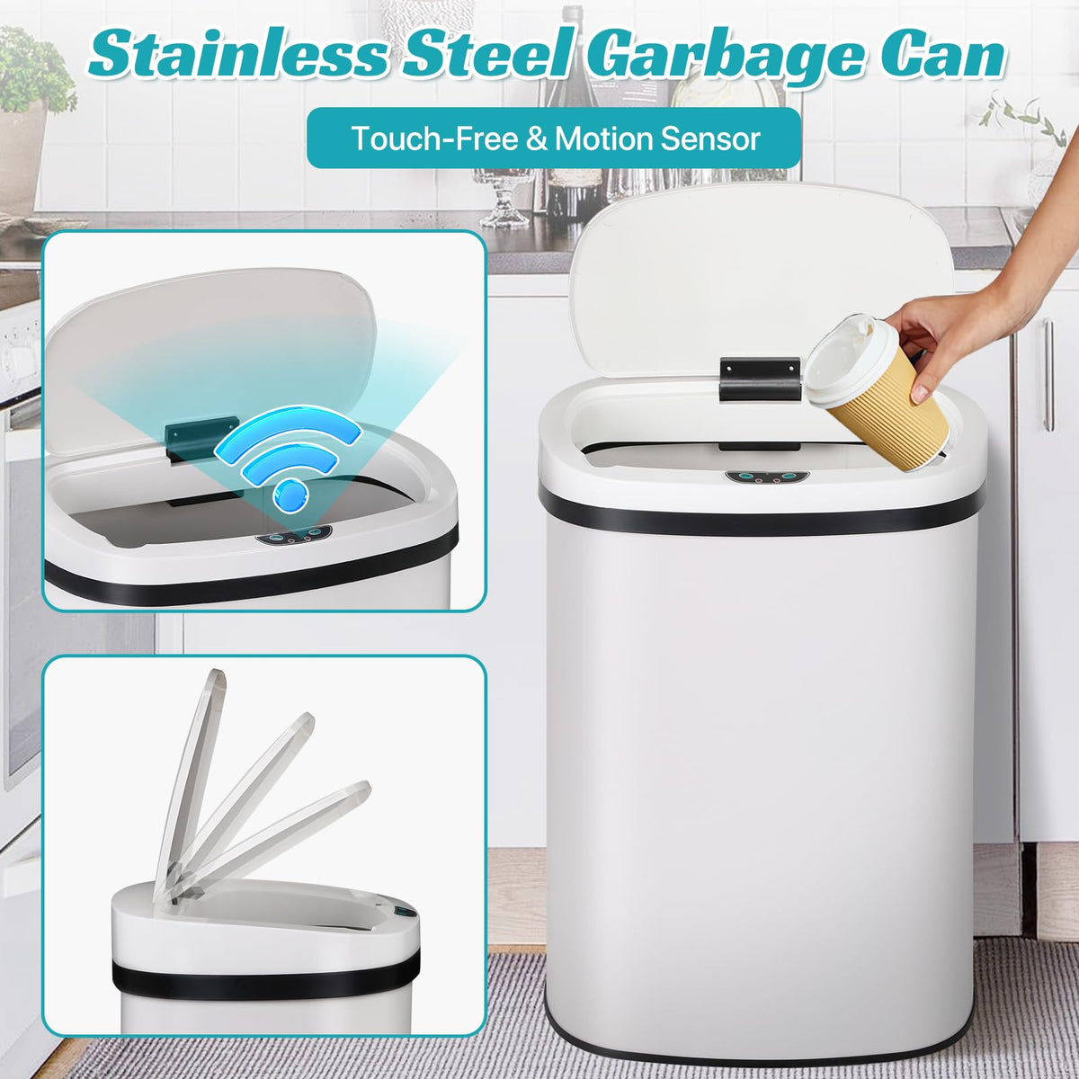 13 Gallon Kitchen Trash Can Garbage Can Waste Bin with Lid Automatic Touchless Stainless Steel Durable Trash Can for