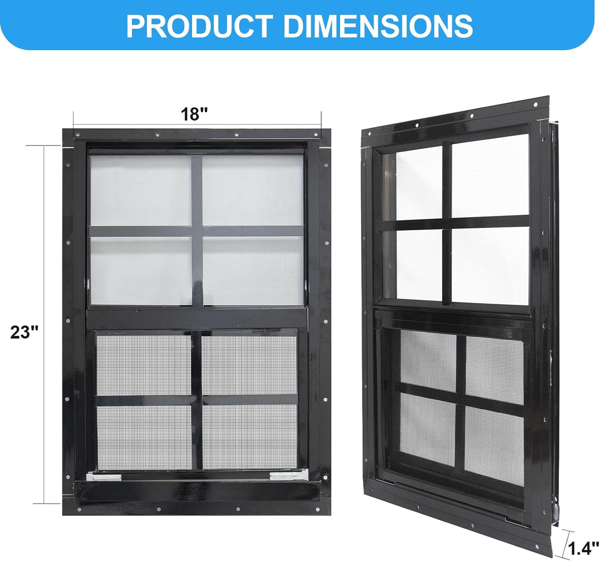 2 Pack Shed Windows with Black Frame, 18x 23 Flush Mount Small Window with Tempered Glass and Fiberglass Screen for