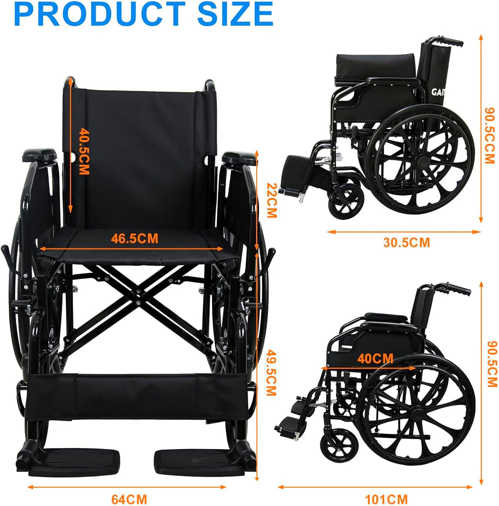 Wheelchairs for Adults Lightweight Foldable, 18" Seat Wheelchair, Flip-Up Arms & Removable Footrests, Portable
