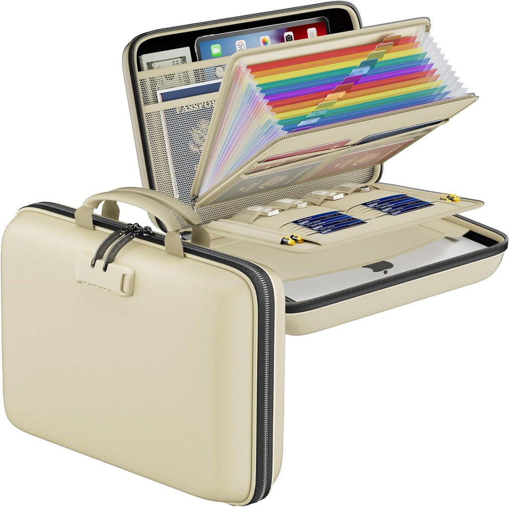 Fireproof File Organizer with Lock, Hard-Shell Case Fireproof Document Box with 13 Pocket Accordion File Folder