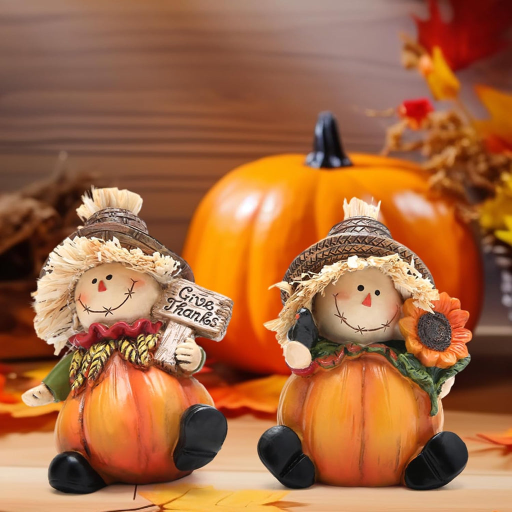 2PCS Fall Thanksgiving Scarecrow Decorations Fall Harvest Scarecrow Pumpkin Decor Figurines for Autumn Thanksgiving