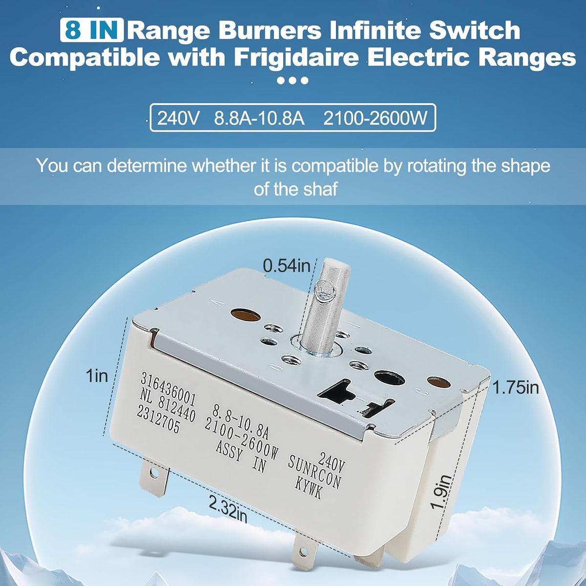 316436001 Surface Burner Control Switch, Fits for Frigidaire, for Kenmore