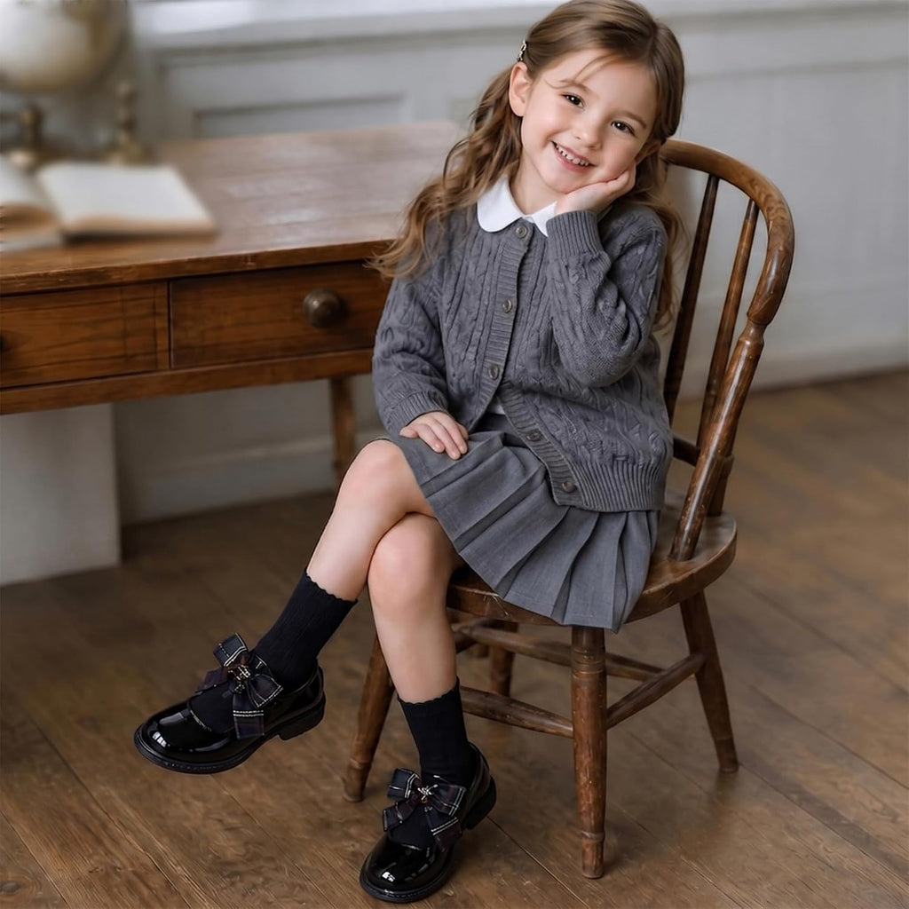 Girls Black Mary Jane Dress Shoes School Shoes | Bow Soft Insole Hook‑and‑Loop Strap Flats for Toddler Little & Big Girl