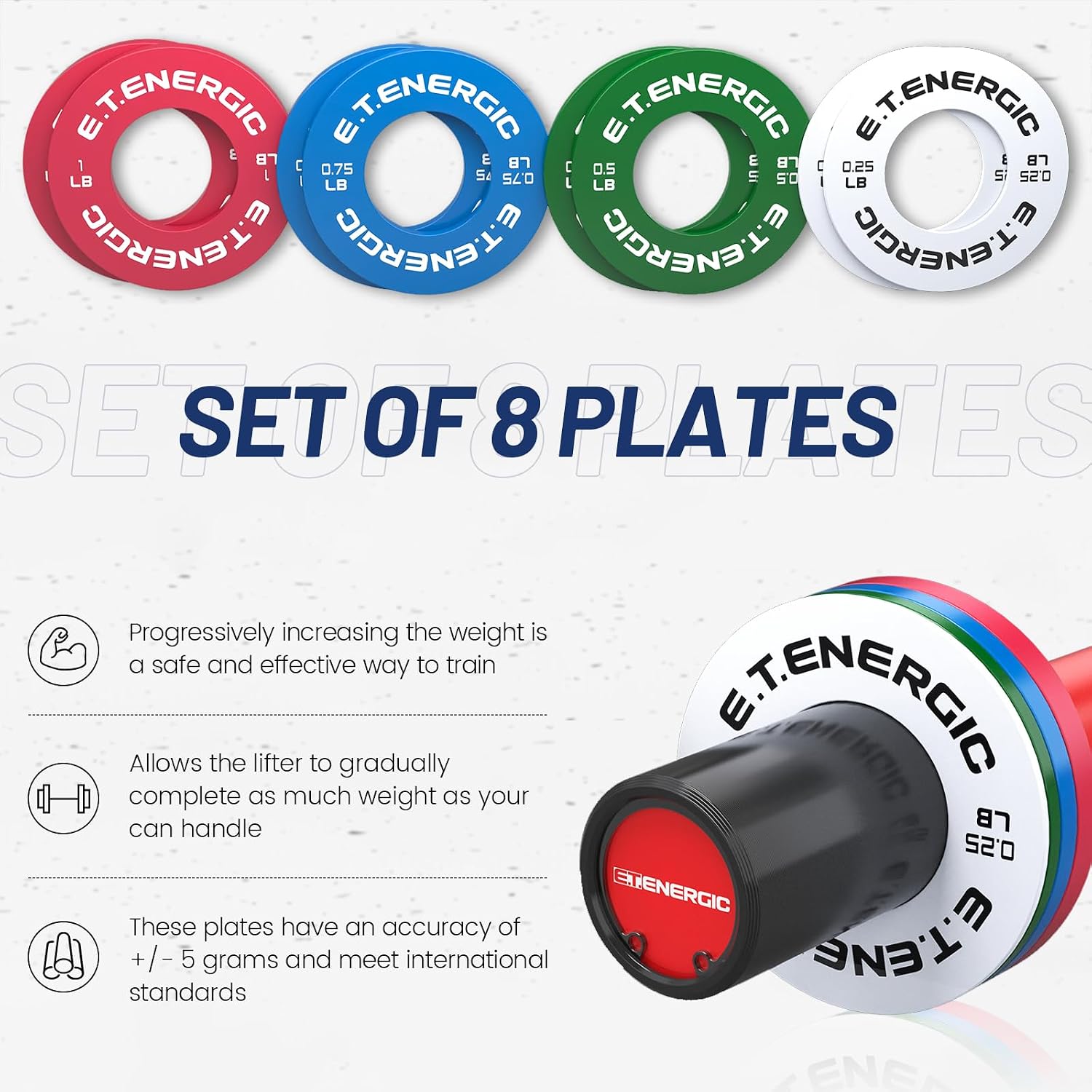 Fractional Weight Plates Set of 8 for Olympic Bars | 0.25, 0.5, 0.75, 1LB pairs with steel core, odorless finish