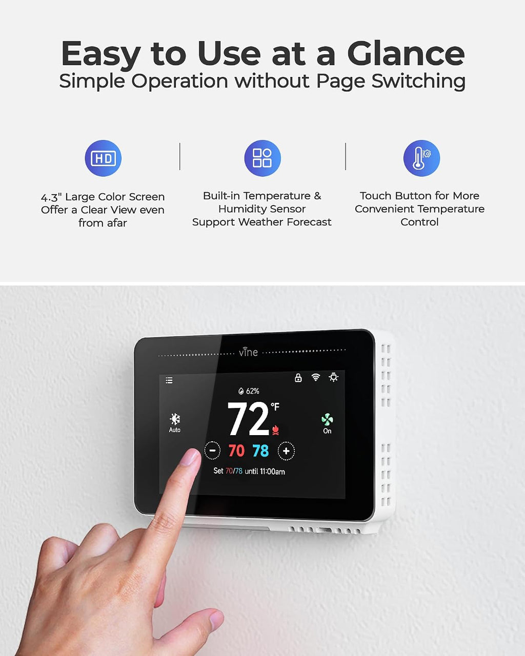 Smart Thermostat for House with Nightlight, 4.3 Inches WiFi Thermostats for Home Compatible with Alexa and Google