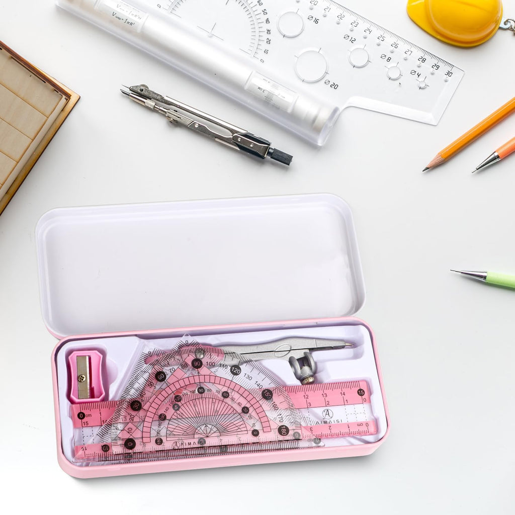 Compass Geometry Tool Protractor and Compass Set with Metal Box Drawing Compass with Rulers Math Compass Kit for