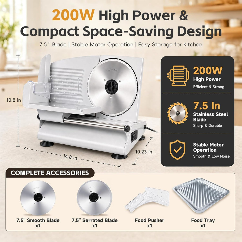 200W Meat Slicer Machine for Home, Electric Food Deli Slicer