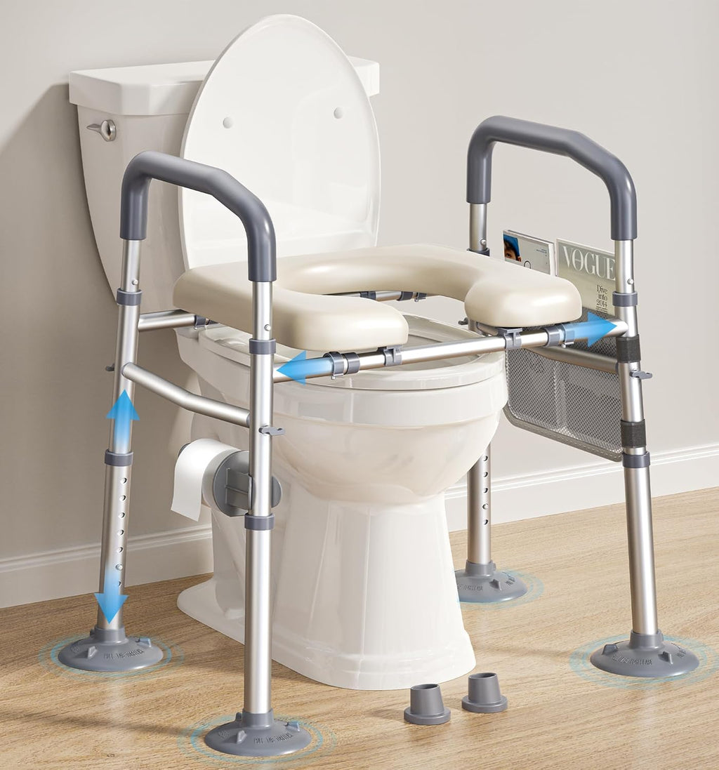 Raised Toilet Seat with Handles, Width & Height Adjustable Toilet Seat Risers for Seniors, Heavy Duty 400lbs Elevated