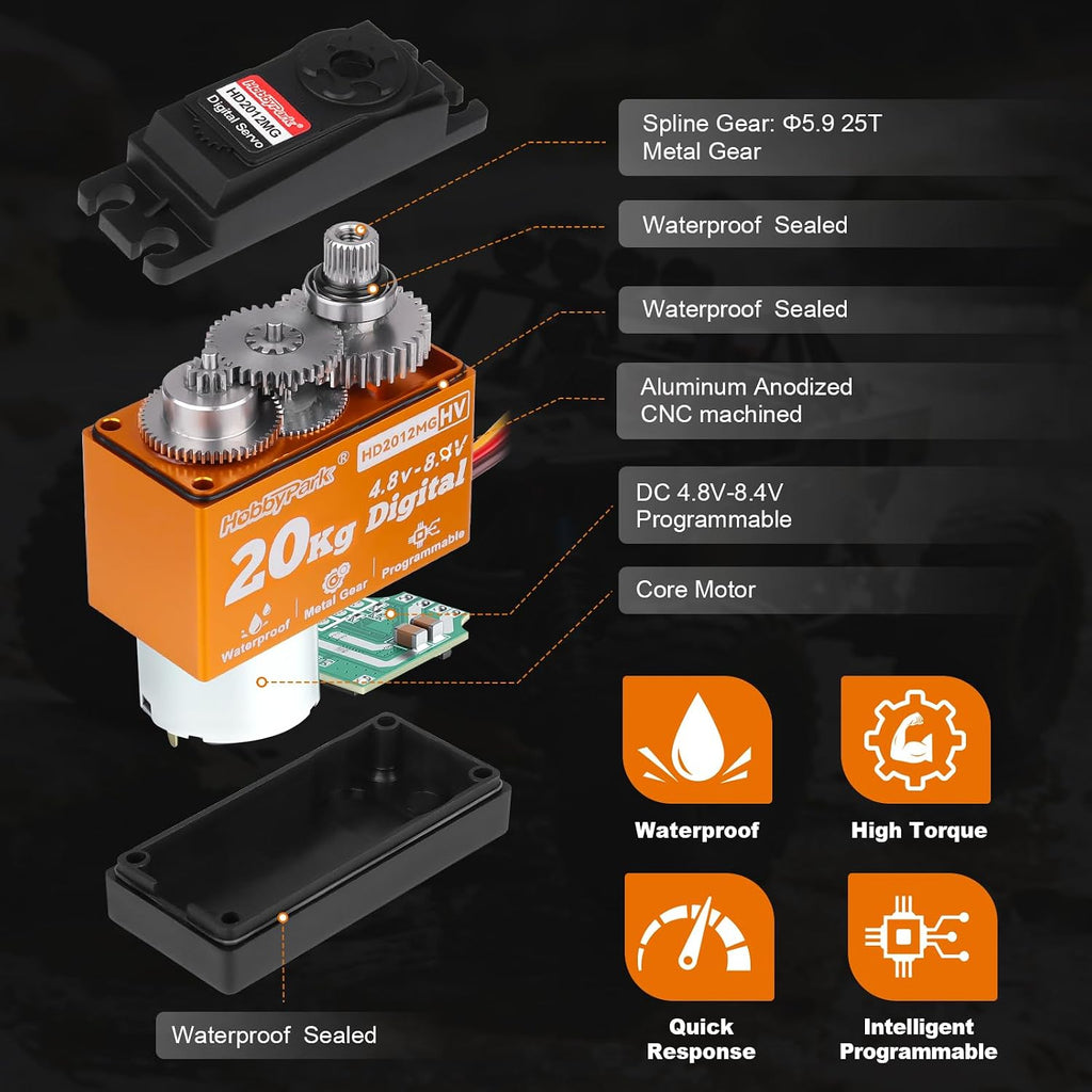 Waterproof Servo 20KG Servo Motor High Torque RC Servo Metal Gear Digital Servo with 25T Servo Horn for 1/10 1/12 RC