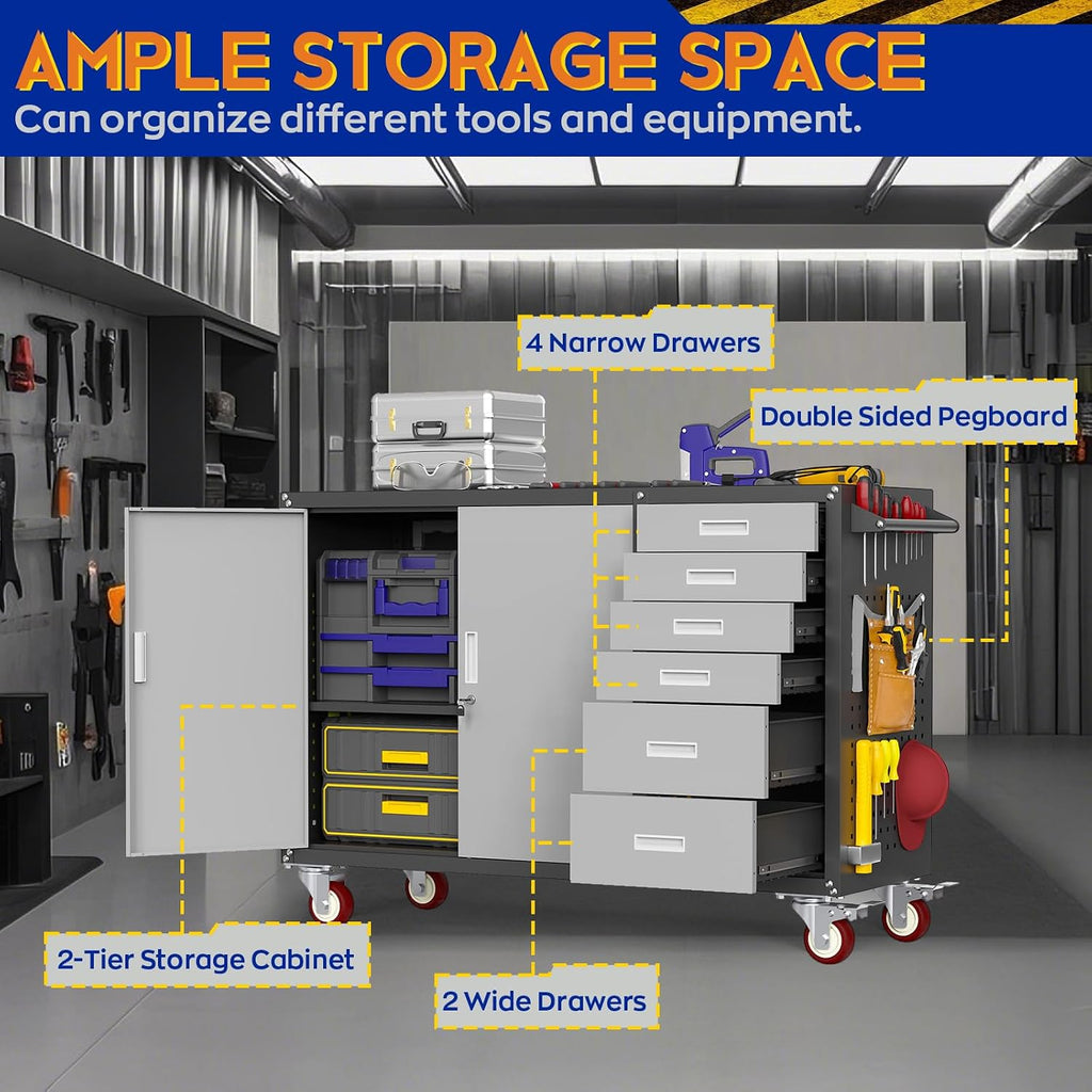 55" W Rolling Workbench with 6 Drawers and Storage Cabinet,1000 LB Capacity Heavy Duty Work Bench with Pegboard and
