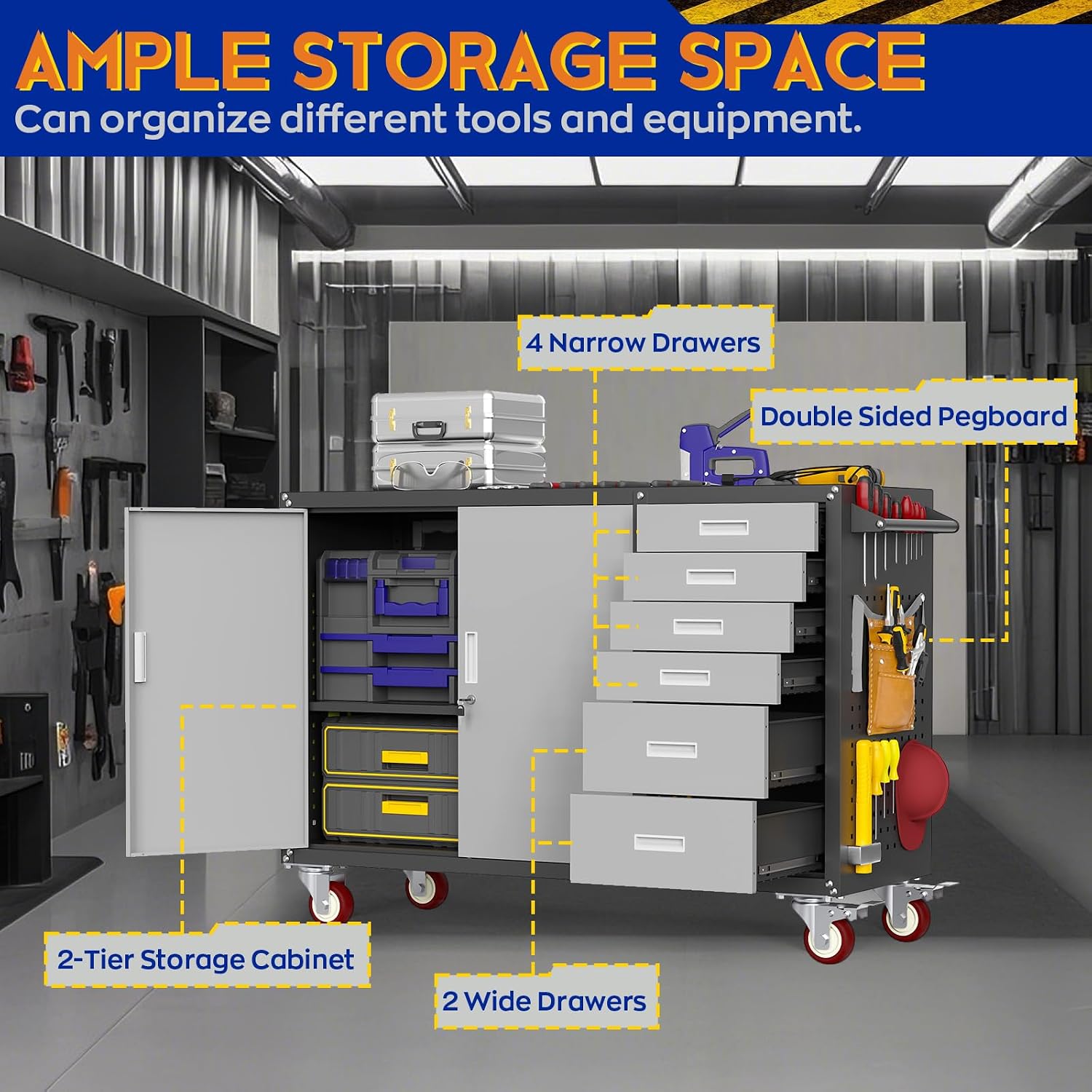 55" W Rolling Workbench with 6 Drawers and Storage Cabinet,1000 LB Capacity Heavy Duty Work Bench with Pegboard and