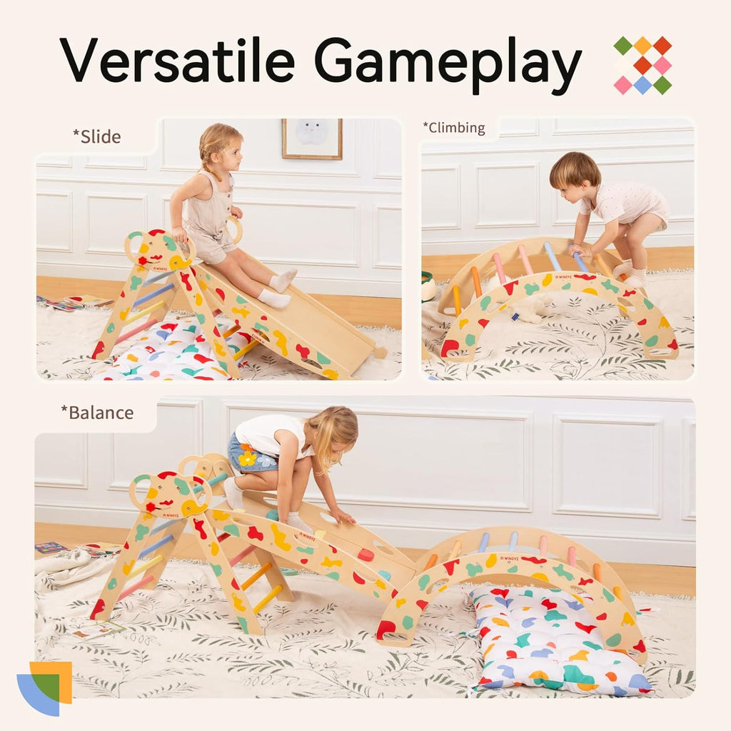 Pikler Triangle Set, Montessori Foldable 8-in-1 Jungle Gym & Reversible Animal Slide, Patent-Protected Climbing Set
