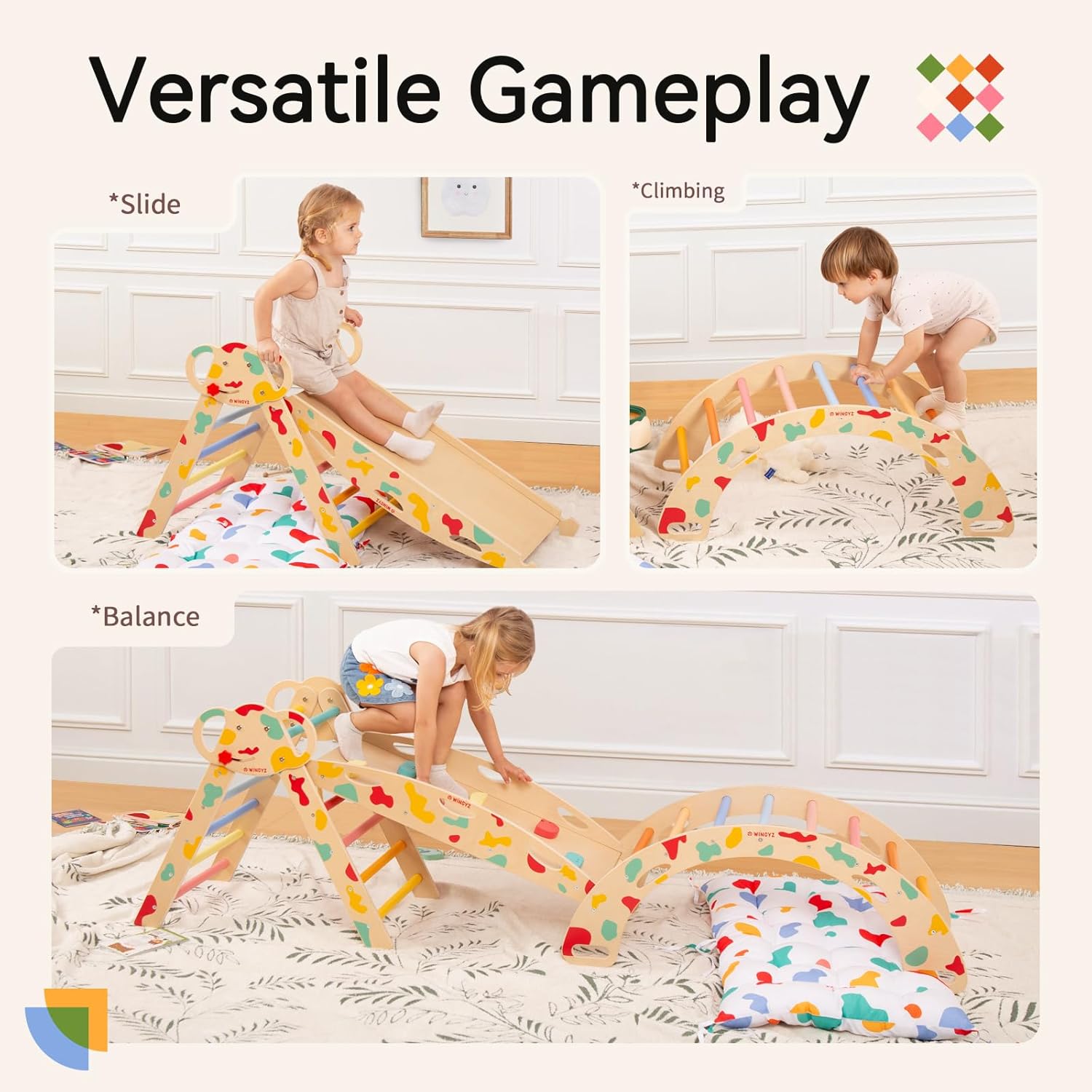Pikler Triangle Set, Montessori Foldable 8-in-1 Jungle Gym & Reversible Animal Slide, Patent-Protected Climbing Set