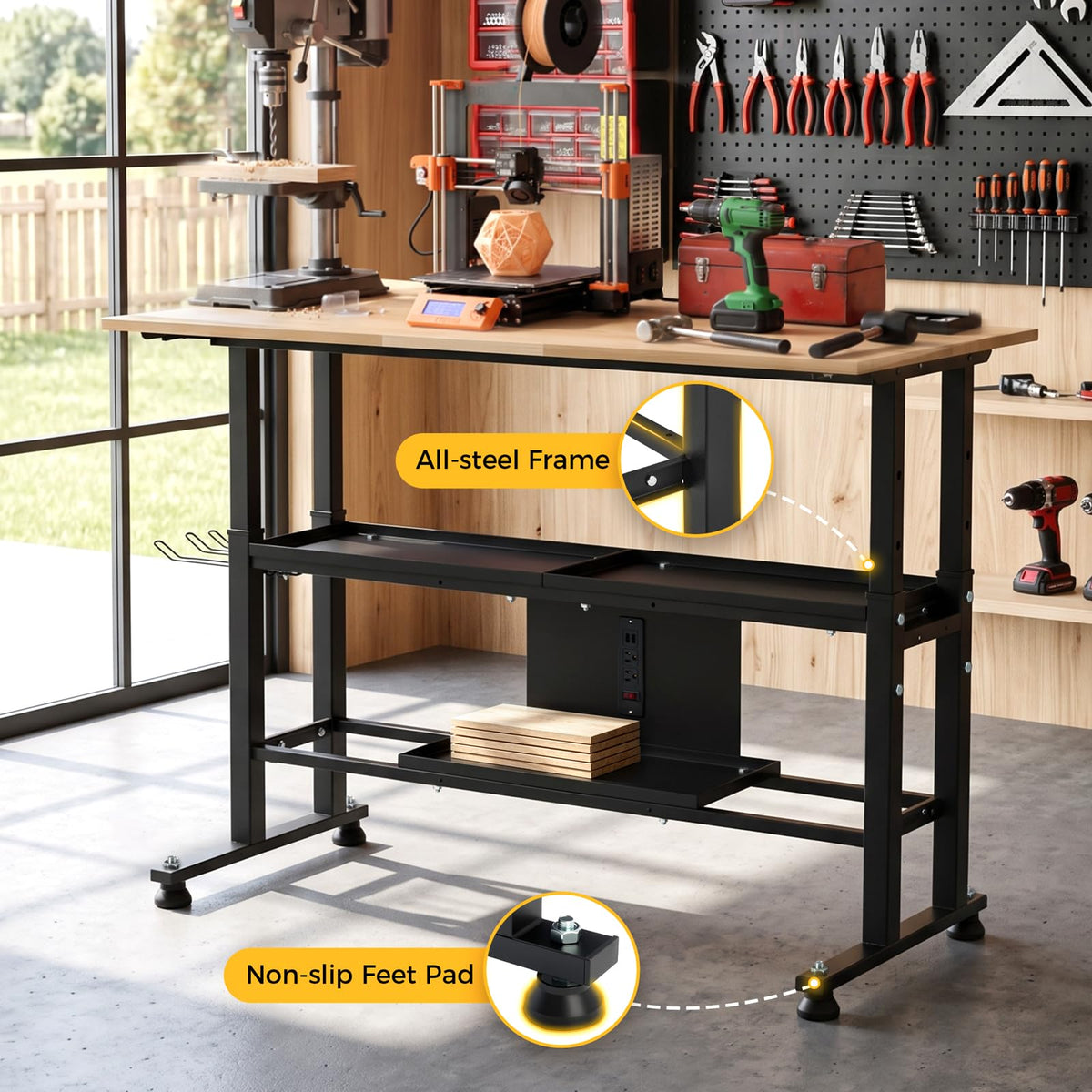 Adjustable Workbench, 48’’ Work Bench with Power Outlet and Storage