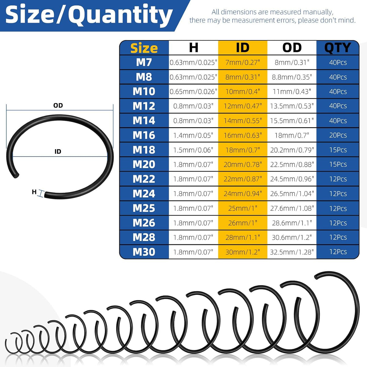 Glarks 322pcs GB895.1 65Mn Metric 14 Sizes 7MM to 30MM Round Wire C-Clips Internal Snap Rings Assortment Kit Round Wire Snap Rings Retaining Rings Classic Circlip for Hole