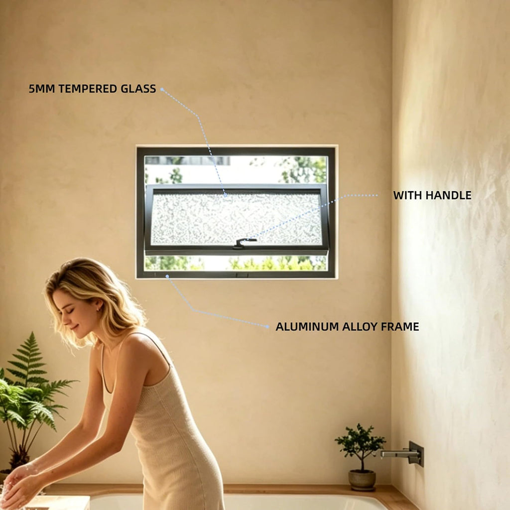 Custom Size Rectangular Basement Window with Tempered Glass, 360° Rotating Aluminum Hopper Window with Handle,Flush