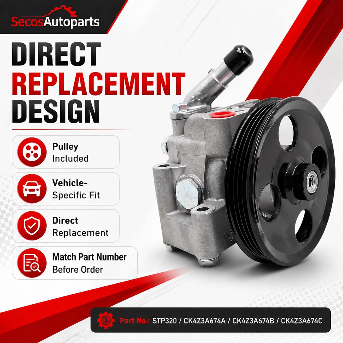 SecosAutoparts STP320 Power Steering Pump w/Pulley Compatible with Ford Transit-150 250 350 350 HD 2015-2024 V6 3.5L 3.7L # CK4Z3A674A CK4Z3A674B CK4Z3A674C