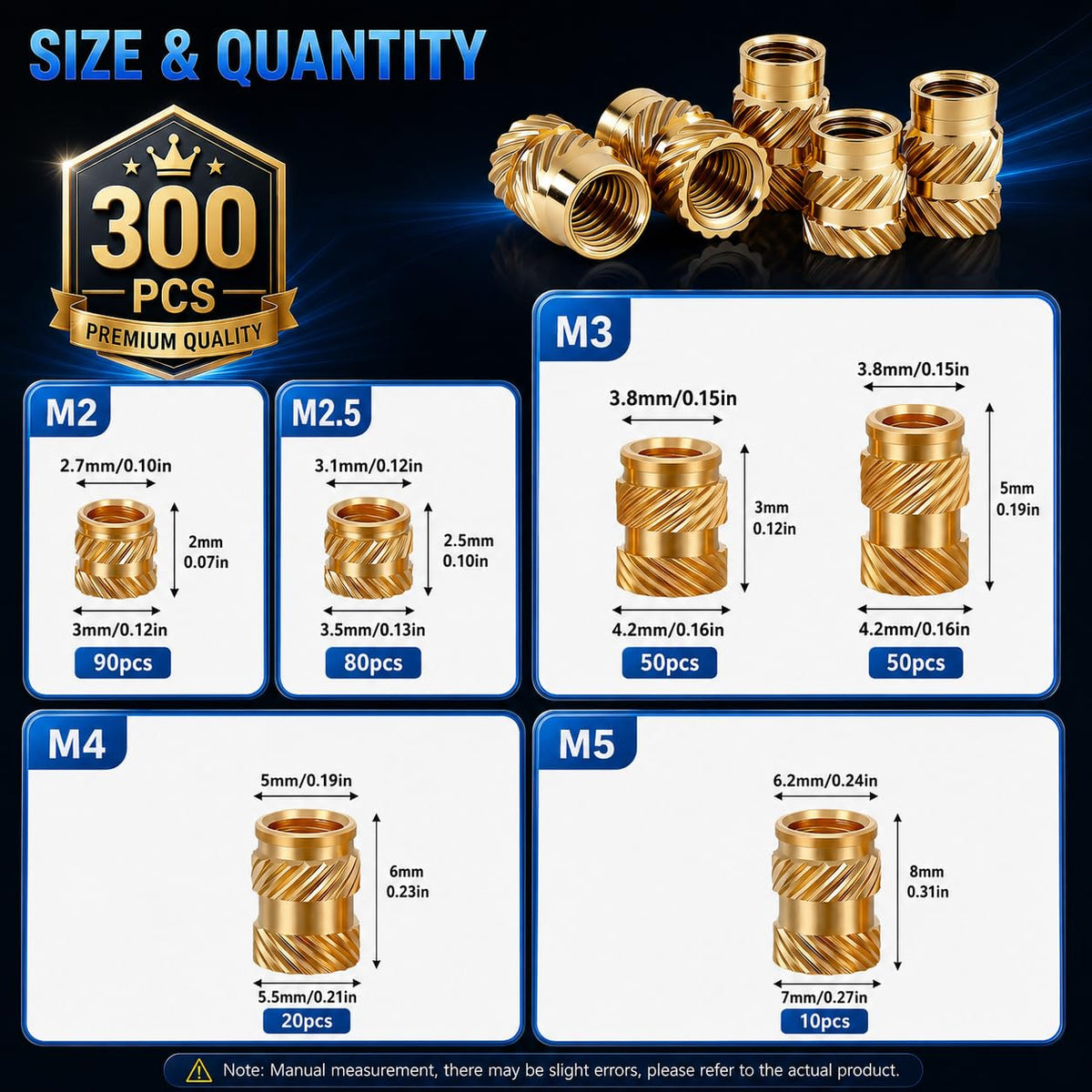 300+6Pcs Brass Threaded Inserts M2 M2.5 M3 M4 M5 for 3D Printing