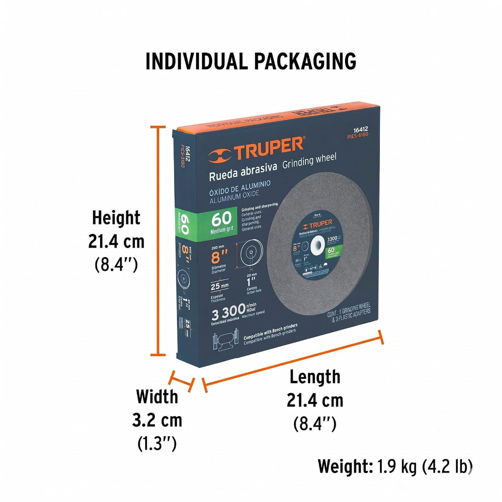 Truper 8-Inch Bench Grinding Wheel, 1-Inch Width, 60 Grit Aluminum Oxide, Heavy-Duty Sharpening and Deburring Wheel (Model PIES-8160/16412)