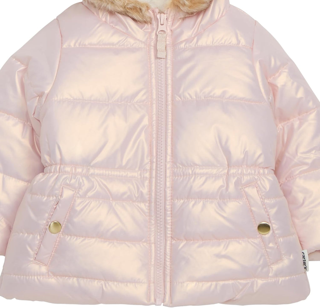 Girls' Winter Coat Puffer Jacket With Faux Fur Trimmed Hood