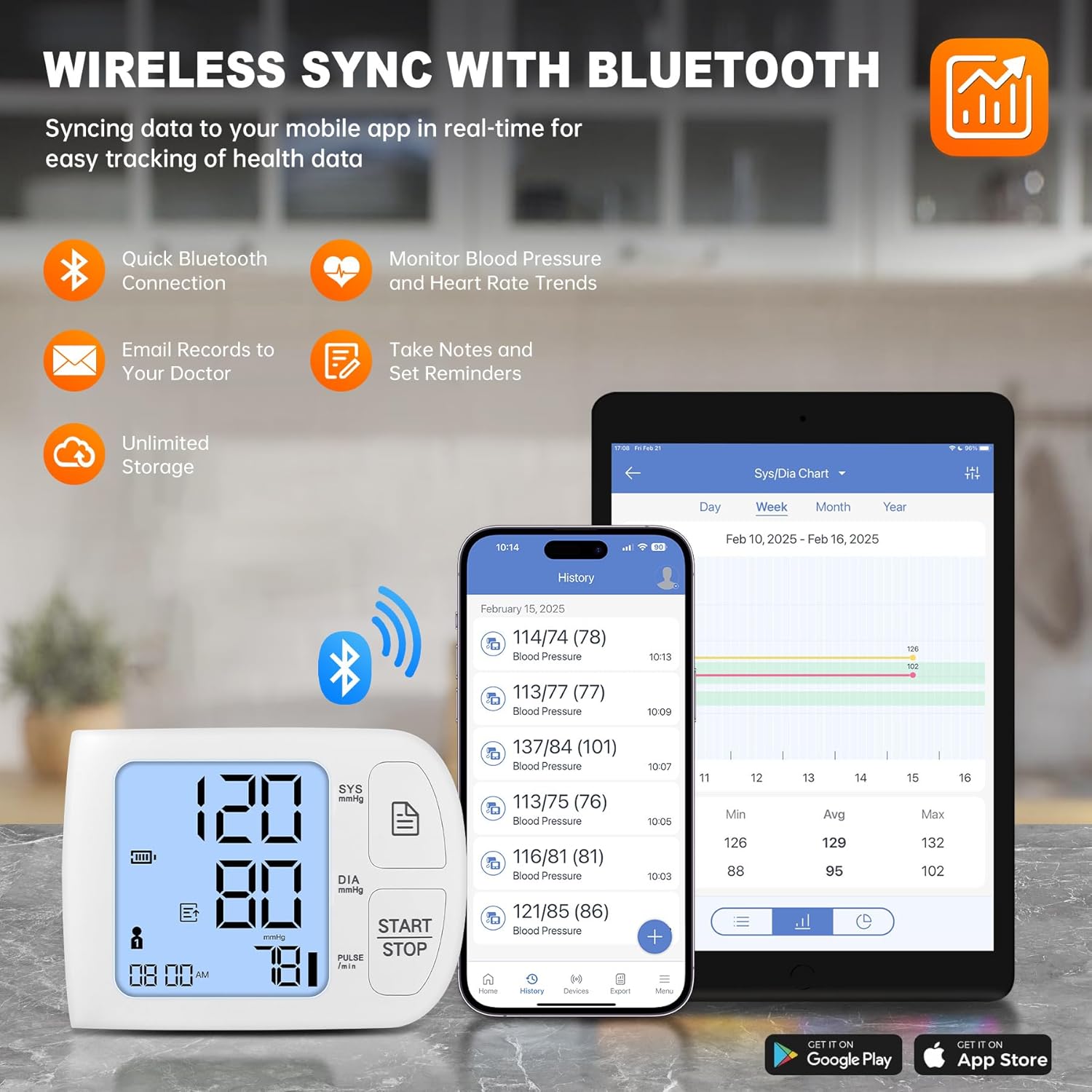 Blood Pressure Monitor Bluetooth Compatible for iOS & Android BP Machine 199x2 Readings Wrist Cuff 5.31-8.46 inch