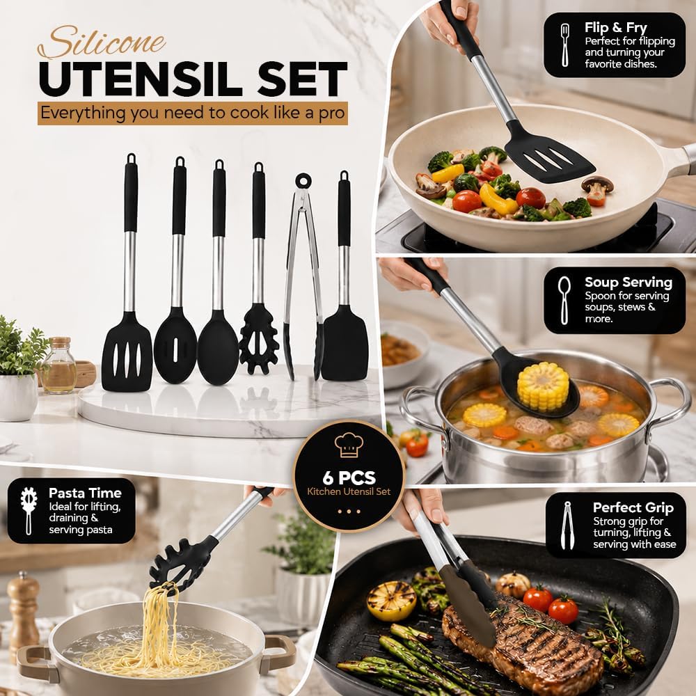 Silicone Cooking Utensils Set 6 PCS, Heat Resistant Non Stick Spatula Spoon Turner Kitchen Tools – BPA Free Non-Toxic