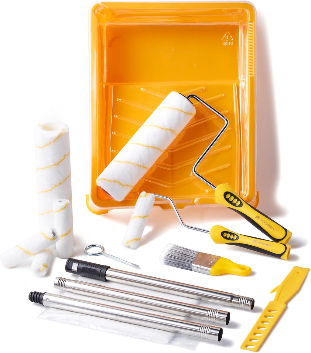 Paint Roller Kit with Extension Pole - 9 Inch Paint Roller with Tray, Mini Paint Roller 4 inch, Small Paint Brush, 16